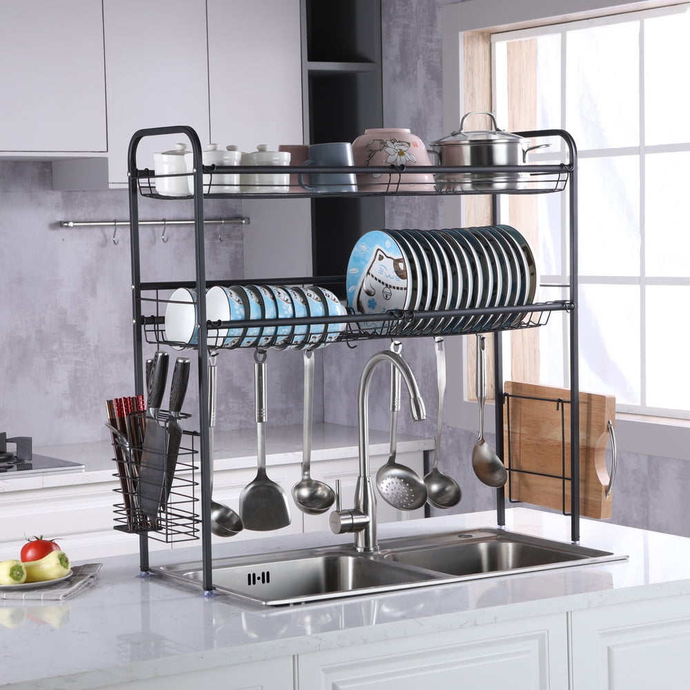 WEPSEN Double Layer Dish Rack, Stainless Steel Dish Drying Rack with Hooks, Multifunctional  Kitchen Organization, Over The Sink Dish Drying Rack, Home Kitchen Dish Rack  Organizer, Silver 