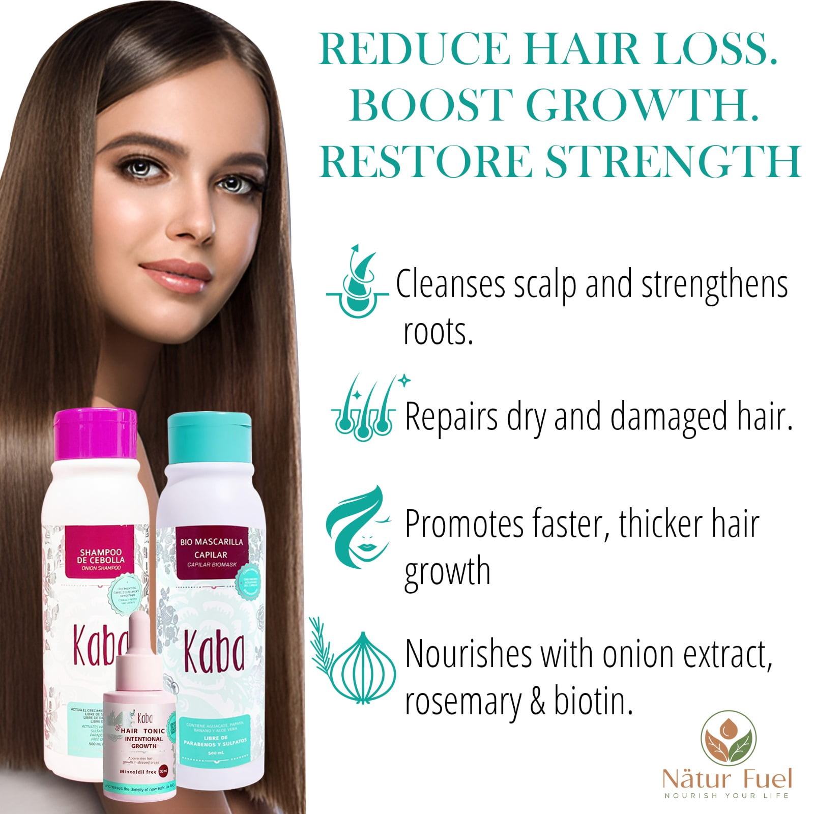 Kaba Hair Growth & Recovey Kit – Onion Shampoo + Biomask + Scalp Tonic – Productos Kaba for Strengthens Roots & Faster Hair Growth