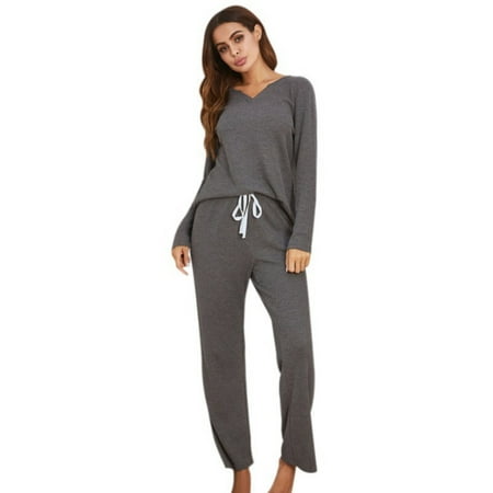 

Women Loungewear Sets 2 Piece pj Sets Long Sleeved V Neck Sweatshirt with Drawstring Pajamas Sweatpants Sets Winter Indoor Sleepwear Sweatsuits Casual Joggers Pullover Outfit Workout Track Sui Gray