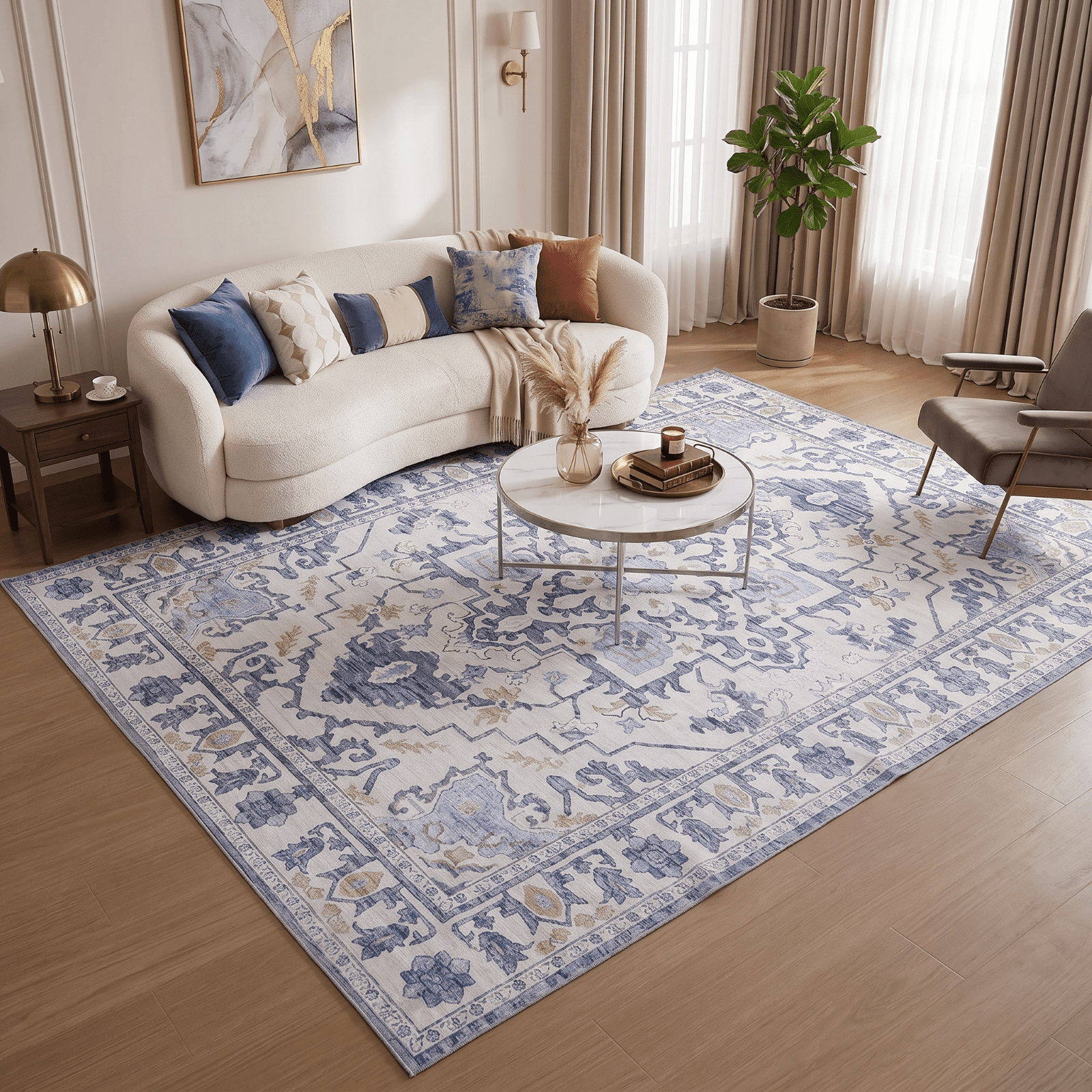 Kelno 9'x12' Area Rugs Large Vintage Living Room Rug Washable Low Pile Indoor Carpet Non-slip Soft Rug Bedroom Dining Room, Blue
