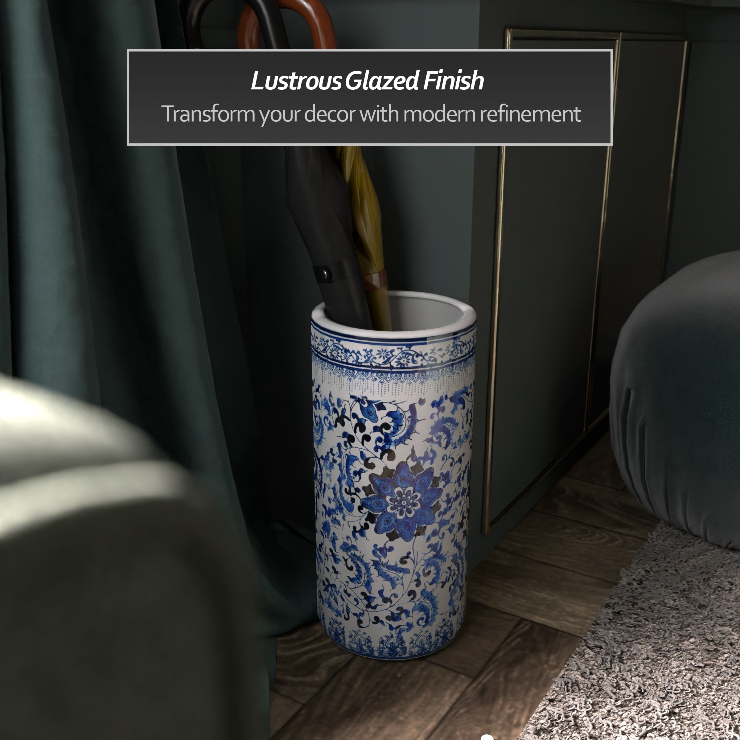 Red Lantern 18" Umbrella Stand - Blue and White Floral