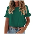 thumbnail image 2 of QYZEU Tee Shirts Womens Ruffle Short Sleeve Casual T Shirts Plain Round Neck Loose Fit Tee Blouse Soft Breathable Comfortable Lightweight Tops Green S, 2 of 5