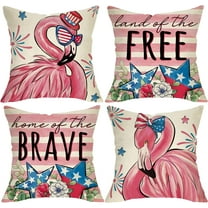 4th of July Flamingo Patriotic Decorative Throw Pillow Covers 18 x 18 Set of 4, Land of The Free Home of The Brave America Porch Outdoor Decor, Pink Stripes American USA Stars Couch Cushion Case