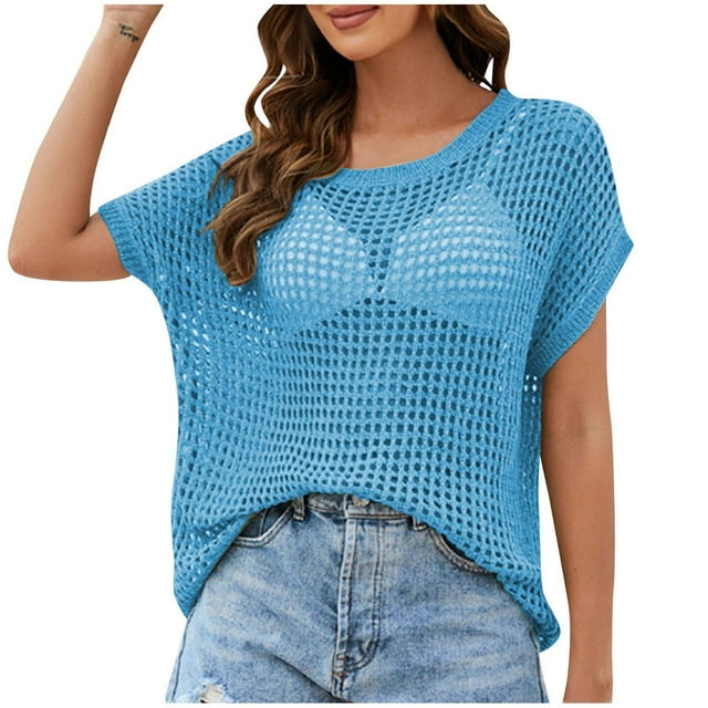 Yuyuzo Hauts Crochet pour Femmes Manches Courtes Chemises d'Été Col Rond Chandail Ajouré