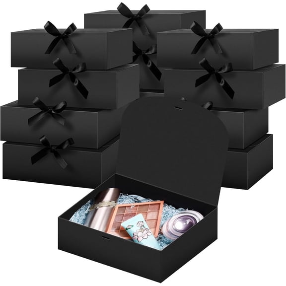 12 Pack Black Gift Boxes with Lids,11.97×9.8×3.1 Inch Gift Boxes Bulk,Bridesmaid Proposal Box with Ribbon,Black Kraft Paper Box for Birthday,Wedding,Christmas,Party Favors