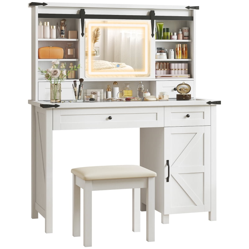 HOQBN Vanity Desk Set with Mirror and Lights, Cushioned Stool, Storage Drawer, Cabinet, and Shelves for Bedroom, White