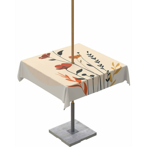 Mid Century Minimalistic Floral Leaves Square Tablecloth with Zipper,Waterproof Table Cloth with Umbrella Hole Patio Tablecloths for Outdoor Tables,Boho Arch Sun Washable Spillproof Table Cover