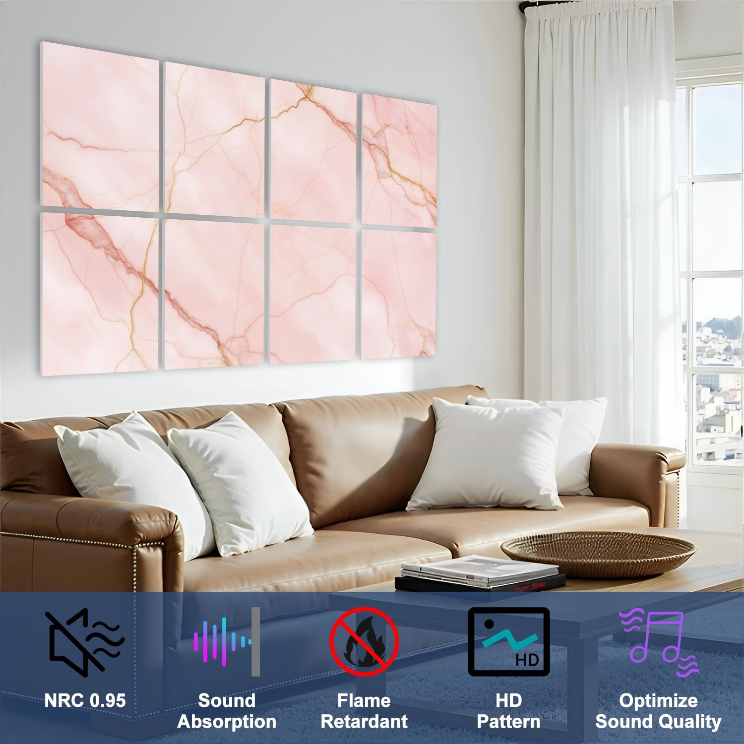 8 Pack Art Acoustic Panels Sound Absorbing Pink Marble Soft Veins Elegant Abstract Decorative Soundproof Wall Panels Self Adhesive for Nursery Game Room Bedroom 48"x32"