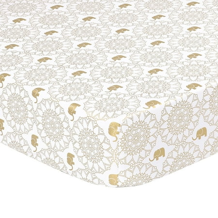 Medallion Sheets The Peanut Shell Baby Girl Fitted Crib Sheet - Little Peanut Gold Medallion and Elephant - 100% Cotton Sateen, Fits Standard 52 by 28 Inch Mattress ()