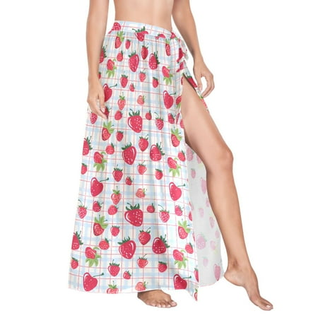 Women Sarong Wraps Strawberry on Plaid Pattern Swimsuit Beach Pareo Bikini Coverups Skirt L
