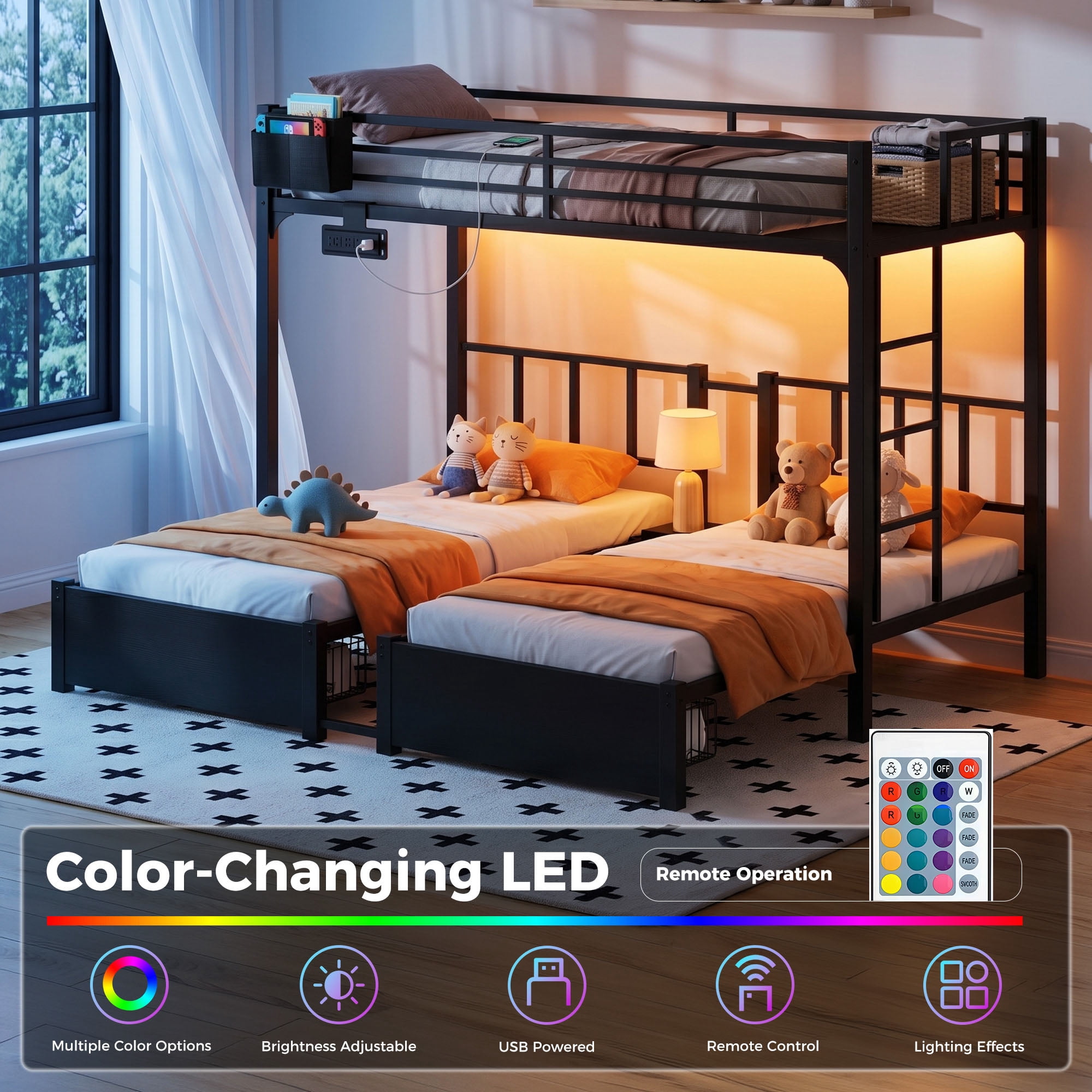 Miniyam Triple Bunk Bed with 2 Storage Drawers, Twin Over Twin Over Twin XL, LED Light and Power Strip, Black