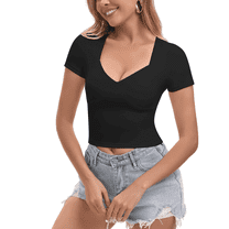 Syhzlz Women Short Sleeve Crop Tops, Sexy Slim Fitted Square Neck T-Shirt, Stretchy Deep U Casual Basic Tees