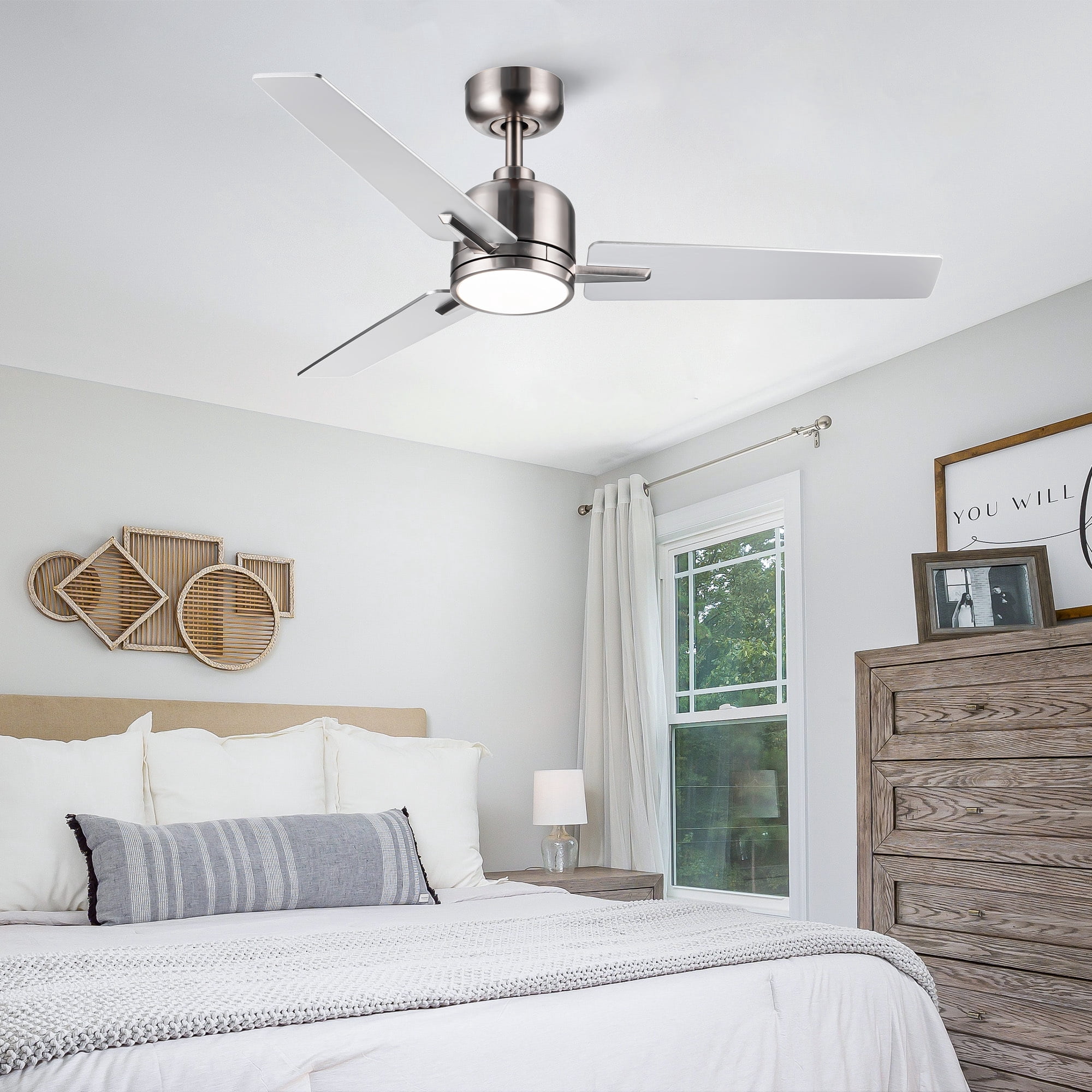 Leumius 52" Bruched Nickel Lowe Profile Ceiling Fan with Dimmable 3CCT LED Light,Modern Ceiling Fan for Living Room Bedroom