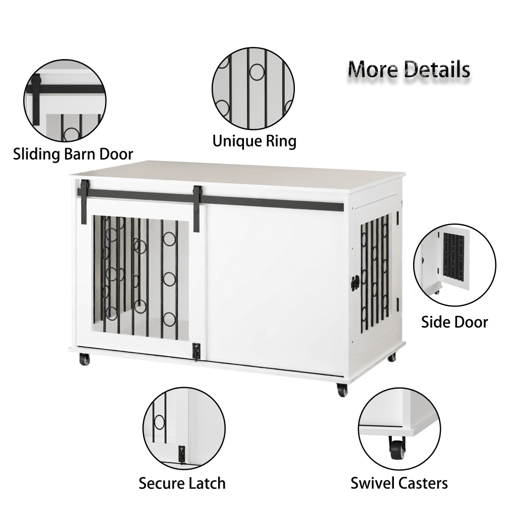 39.37'' Modern Wooden Dog Crate Furniture with Sliding Barn Door and Side Door, Indoor Dog Kennel End Table for Small to Medium Dogs, Decorative Pet Crate with Metal Bars and Lockable Wheels – White