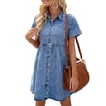 thumbnail image 3 of Wangsaura Robe en Denim d'Été pour Femmes, Col à Revers à Manches Courtes avec Boutons, Décontractée, 3 of 6
