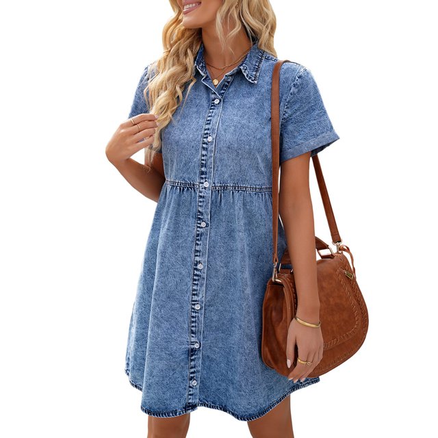 Txlixc Vestido de vaquero de verano femenino, solapa de color sólido Txlixc moda