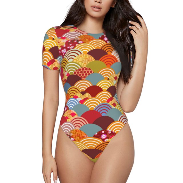 Balery Japanese Style Fish Scales Body de cuello redondo de manga corta para mujer Tops de manga corta Tops básicos-Medium