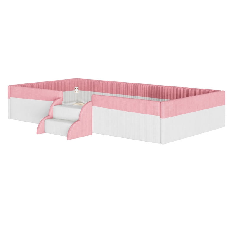 Twin Size Corduroy Upholstered Floor Bed Frame with Fence, Kids Low-Profile Platform Bed with 2-Tier Steps & Smart LED Lights