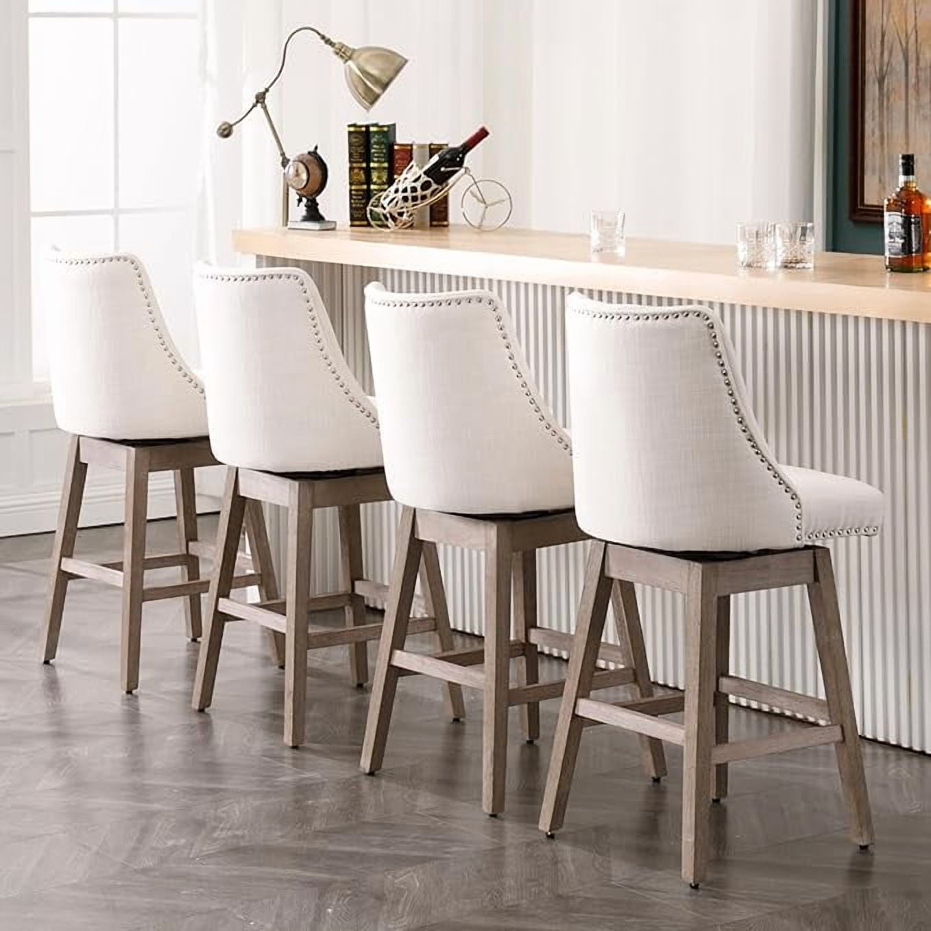 Guyou 27.5"Counter Height Bar Stools Set of 4, Nailhead Trim Linen Barstools with Back and Wood Legs, 360°Swivel Upholstered Stool Chairs for Kitchen Island Breakfast Bar Restaurant, Cream
