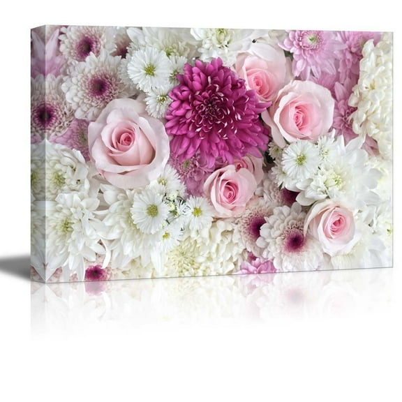 Canvas Prints Wall Art - Pink and White Roses and Daisies | Modern Wall Decor/ Home Decor Stretched Gallery Wraps Giclee Print & Wood Framed. Ready to Hang - 24" x 36"