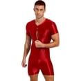 thumbnail image 2 of iixpin Mens Zipper Front Workout Bodysuit Glossy Silky Compression Muscle Shaper Biketard Unitard Burgundy M, 2 of 7