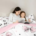 thumbnail image 4 of Manfei Polka Dots Bow Bedding Comforter Set 7-Piece for Girls, Striped Bowknot Full Bedding Set, Black Pink Stars Fitted Sheet Flat Sheet, Microfiber Bedroom Decor, 4 of 8