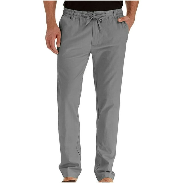 JUNWELL Men‘s Business Casual Pants Drawstring Straight Elastic Trousers Solid Color Loose Pure Cotton Pants