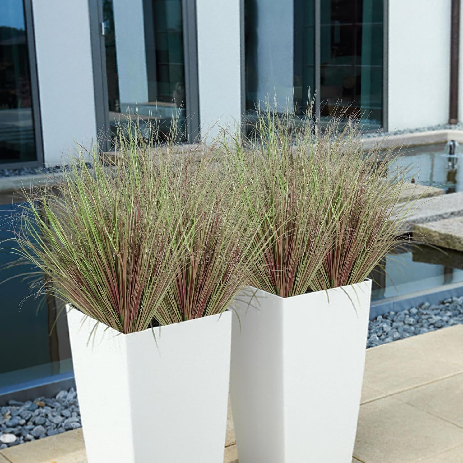 Artificial Grass Plants Outdoor 28 Bundles Fake Wheat Grass UV Resistant Faux Shrubs Bushes Plant Purple Green Onion Grass Artificial Greenery Tall Stems for Indoor Outdoor Office Home Decor