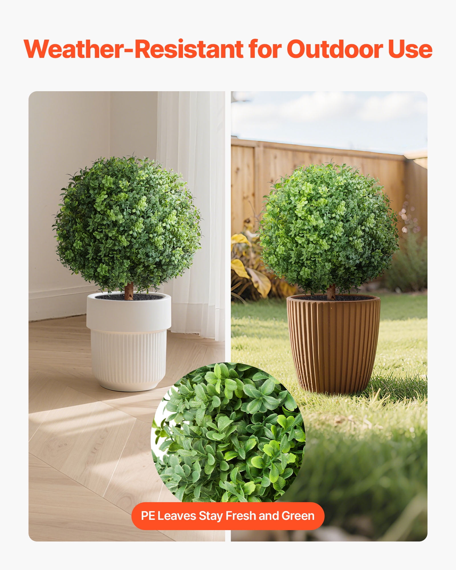 VEVOR Artificial Topiary Boxwood Trees with Ground Spike, 22 inch 2 Set Faux Shrubs & Bushes Potted Plants, Fake Silk Tree Look Real for Decor Front Porch Outdoor Indoor Patio Garden Balcony Backyard