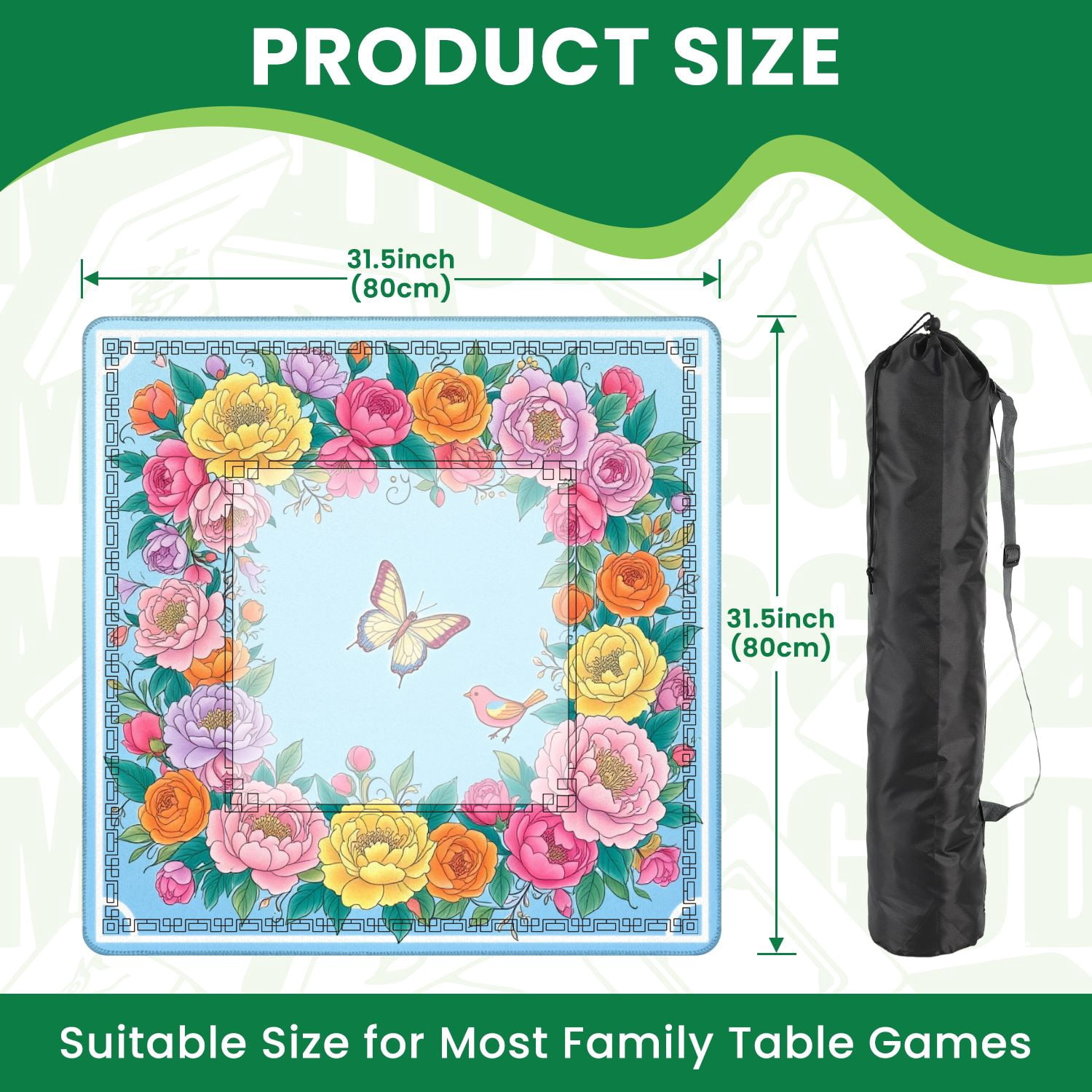 Mahjong Mat 31.5" x 31.5" Colorful Floral Frame Butterflies Birds Pastel Shades Non-Slip Noise Reduction American Mahjong Tiles Table Cover for Dominoes Poker Card Board Games Gift
