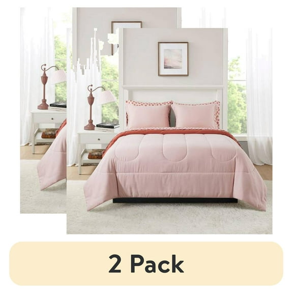 (2 pack) Mainstays 7-Piece Reversible Bed in a Bag Comforter Set with Sheets, Pink, King