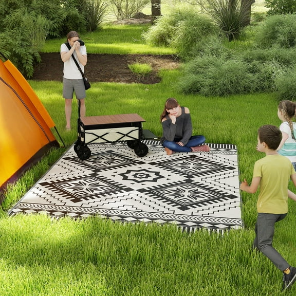 Outsunny Outdoor Patio Rug, Large Camping Carpet with Carrying Bag, 9' x 12' Waterproof Plastic Straw, Reversible, White & Black Toothed Rhombus