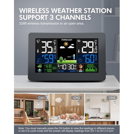 Wireless Weather Station with 3 Sensors, 7.5 Inch HD Display Indoor Outdoor Thermometer Barometer Atomic Clock Moon Phase Forecast