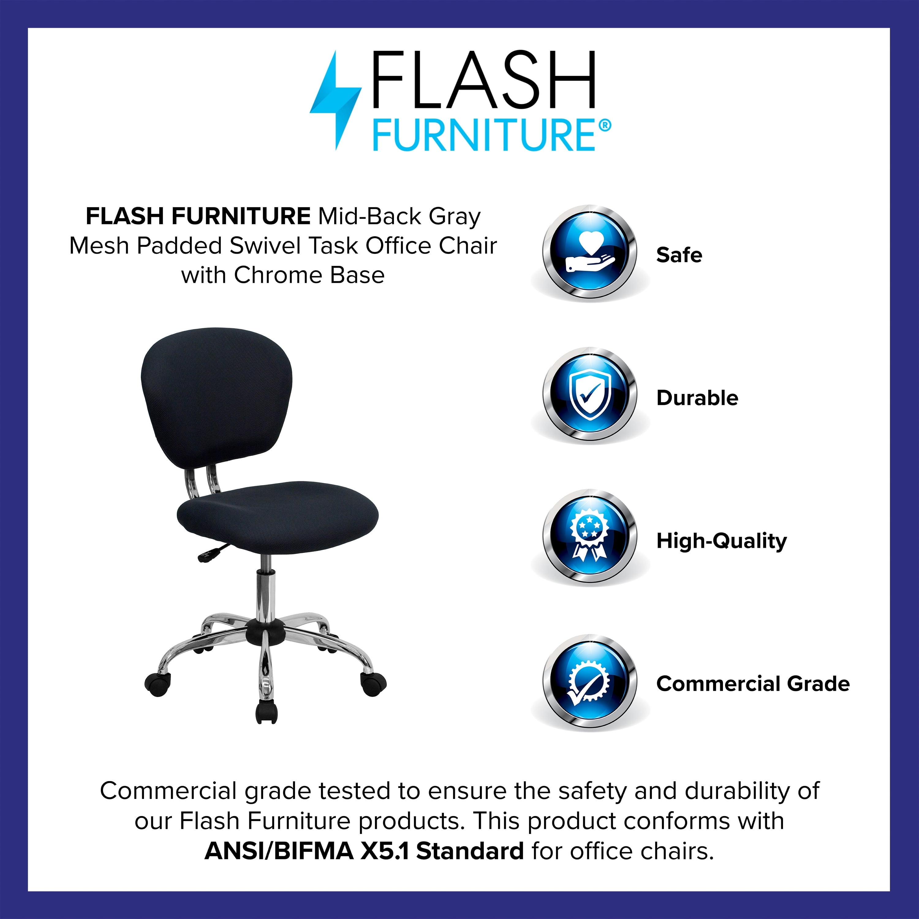 Flash Furniture Mid-Back Gray Mesh Padded Swivel Task Office Chair with Chrome Base