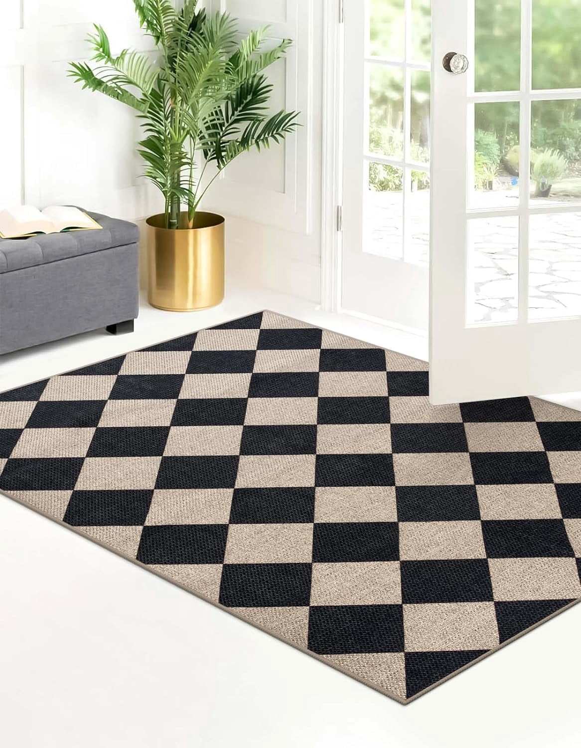 Lahome 3'x5' Checkered Easy Jute Area Rug,Outdoor Patio Rug Washable Rugs for Entryway Checkerboard Indoor Outdoor Living Room Classroom Rugs,Farmhouse Neutral Non Slip Black Carpet for Bedroom