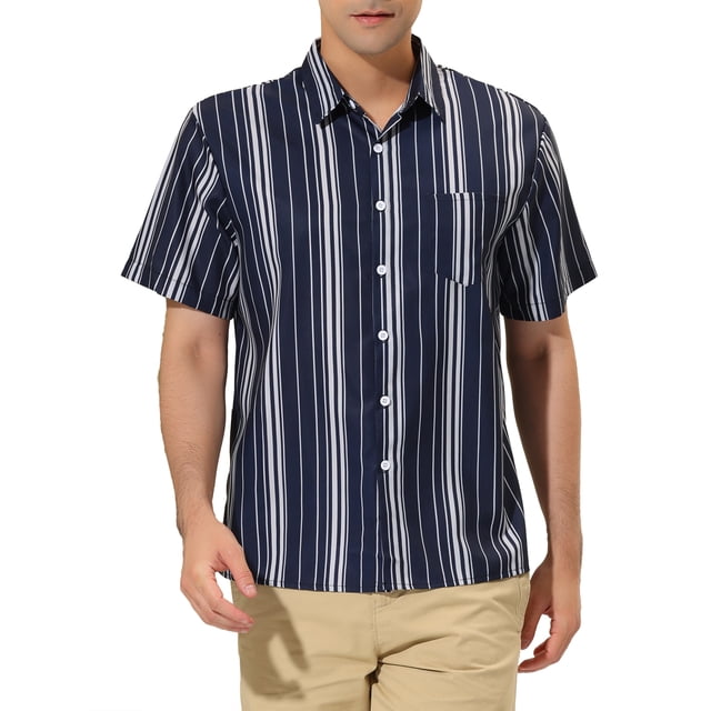 Lars Amadeus Men's Short Sleeve Button Down Stripes Color Block Printed Shirts M Navy White
