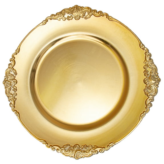 Simply Elegant Filigree Edge Plastic Charger Plate | Service Plate for Parties, Dinner, Weddings, Quinceaneras and Events | 13 inch Diameter | Gold | Set of 24
