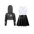 thumbnail image 3 of Hansber Kids Girls Hip Hop Dance Outfit Shiny Metallic Cropped Hoodie Sweatshirt Sports Bra and Skirt Set Black White 16, 3 of 6