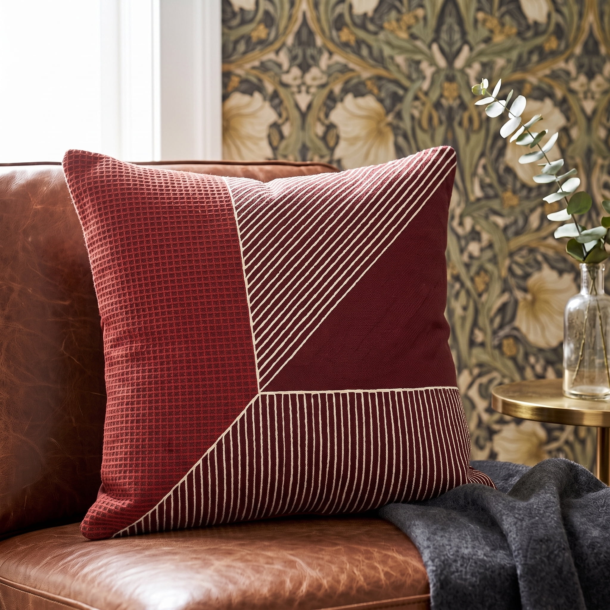 Harlow Hill and Stacy Garcia 24" x 24" Red/White Embroidered Geometric Cotton Adult Decorative Throw Pillow