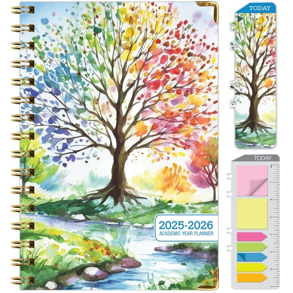 Academic Planner 2025-2026, Daily Weekly Monthly Yearly Planner, June 2025 - July 2026, 14 months, 5.5"x8", Bookmark, Pocket Folder and Sticky Note Set (Tree Seasons)