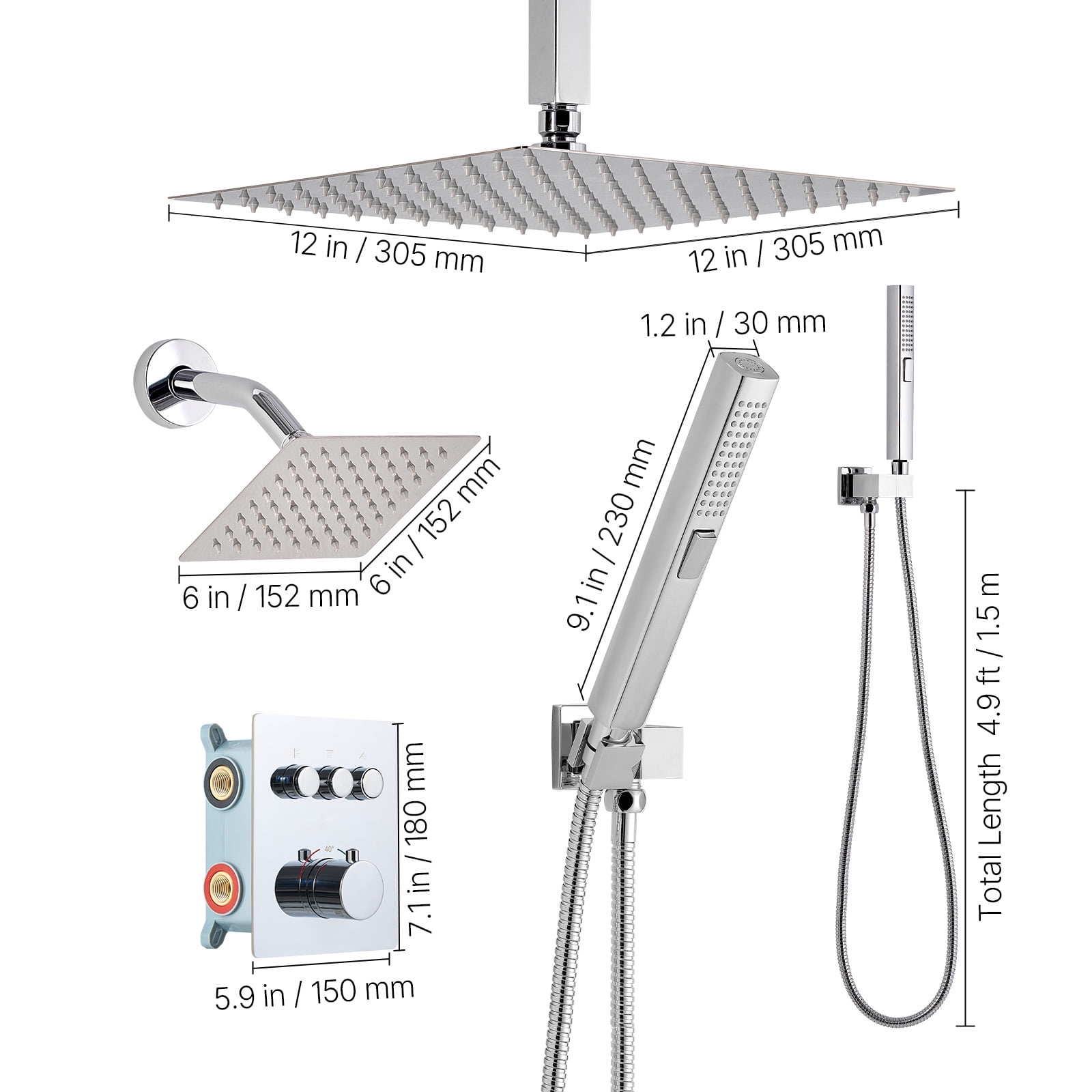 KFFKFF 12-Inch Thermostatic Ceiling Rain Shower System with Wall-Mounted Head and 2-in-1 Handheld Spray, 3-Function Dual Showerhead with Brass Valve and Trim Kit, Chrome Finish