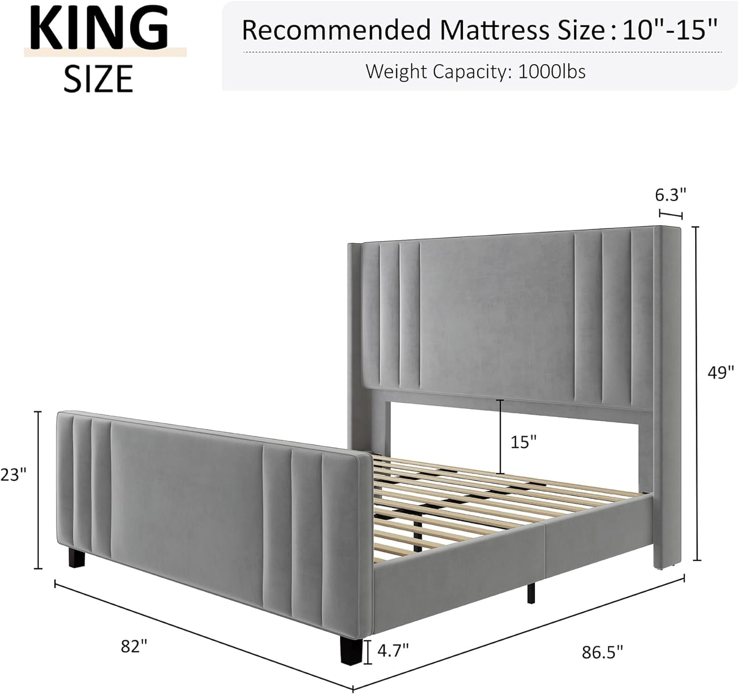 VANACC Velvet Upholstered King Size Bed Frame with Headboard & Footboard/Wingback for Adult Grey