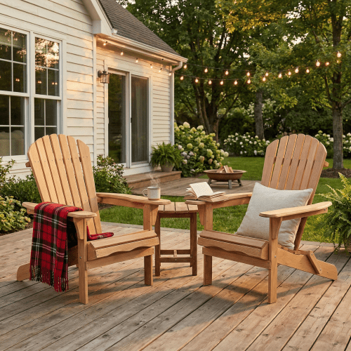 Folding Adirondack Chairs Set of 2, Wood Patio Adirondack Chair, Outdoor Fire Pit Lounge Chairs for Garden Backyard Porch Pool Deck