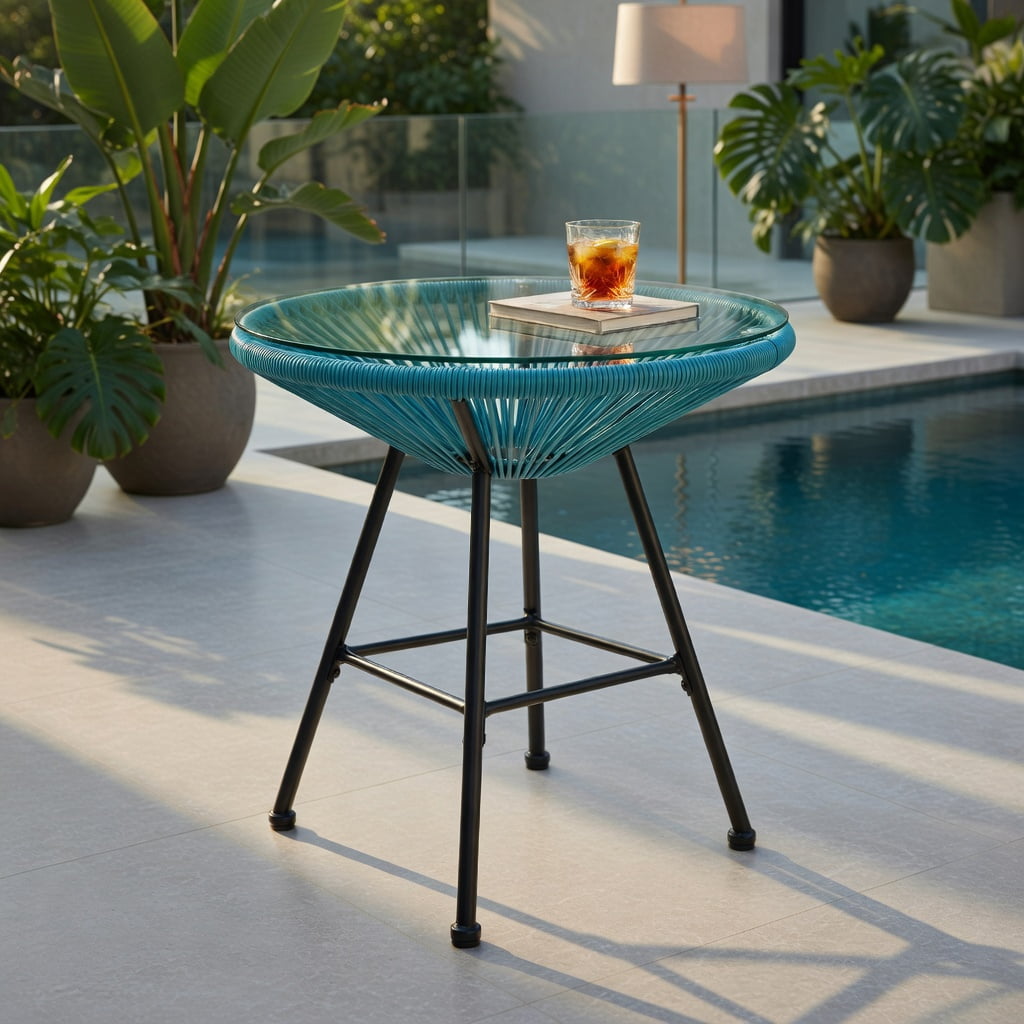 Hommoo 3-Piece Acapulco Patio Bistro Set, Plastic Rope Chairs + Tempered Glass Table for Outdoor Dining, Poolside & Garden, Turquoise