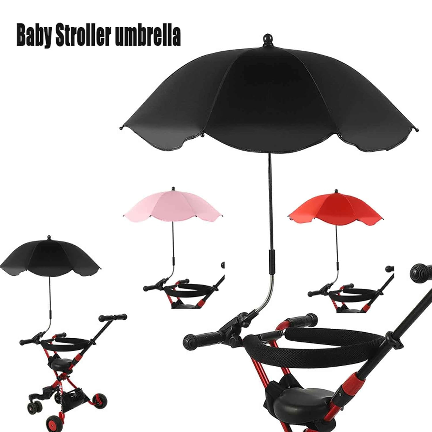 KOK-Clip on Umbrella for Stroller, Baby Stroller Parasol, Adjustable Portable Umbrella for Stroller with Clamp, Stroller Sun Shade, for Trolley, Wheelchair, Beach Chair (Black)-0513