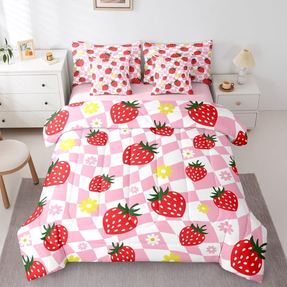 Homewish Kawaii Red Strawberry Twin Bedding Sets 7-Piece for Girls,Groovy Floral Flowers Bedding Comforter Set Microfiber,Geometric Plaid Grid Breathable Sheet Sets,Luxury Bedroom Decor