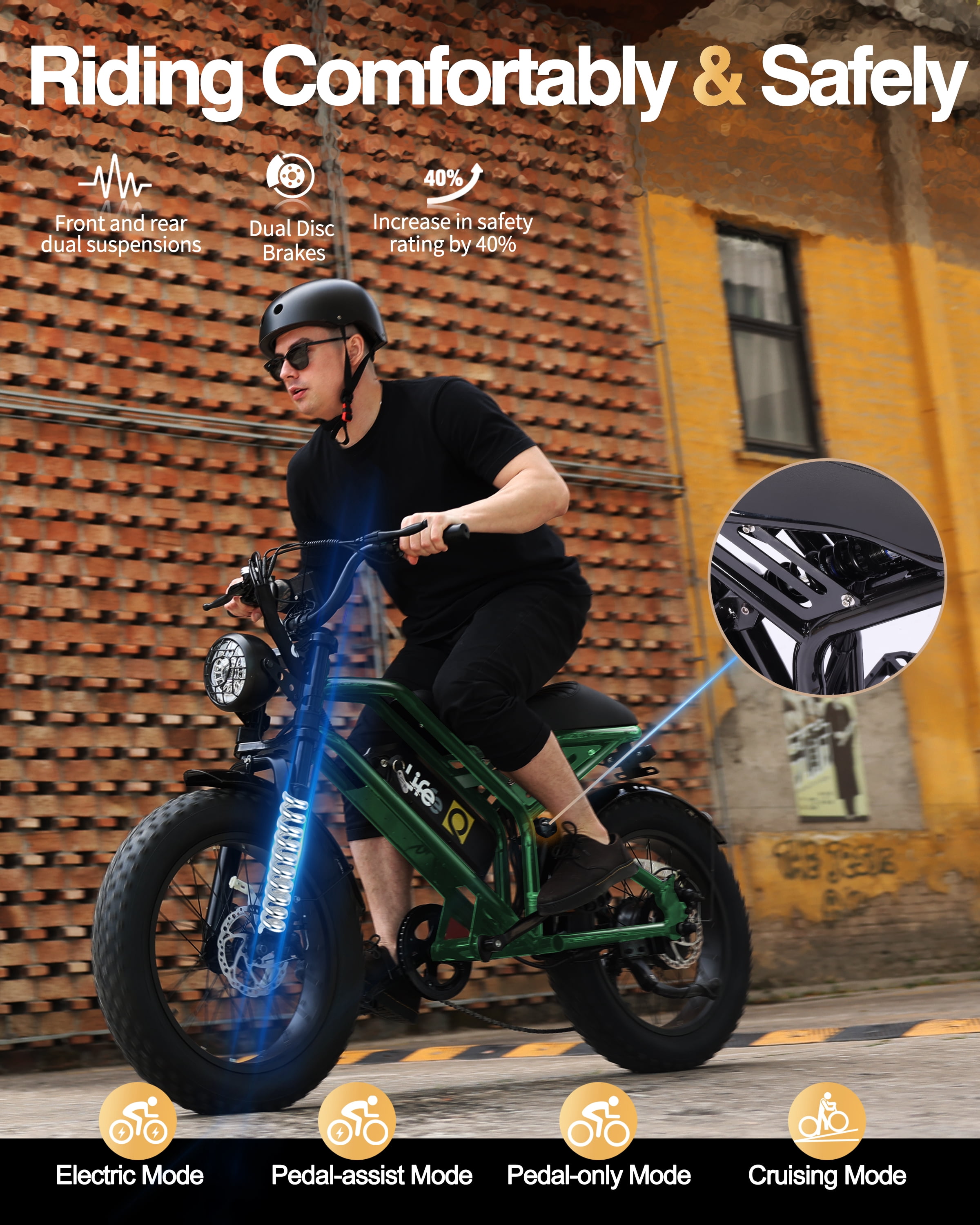 Electric Bike for Adults, 1500W Peak 28 MPH 20" Fat Tires Electric Bicycle with Dual Suspension & Brakes Motorcycle, E-Bike Green