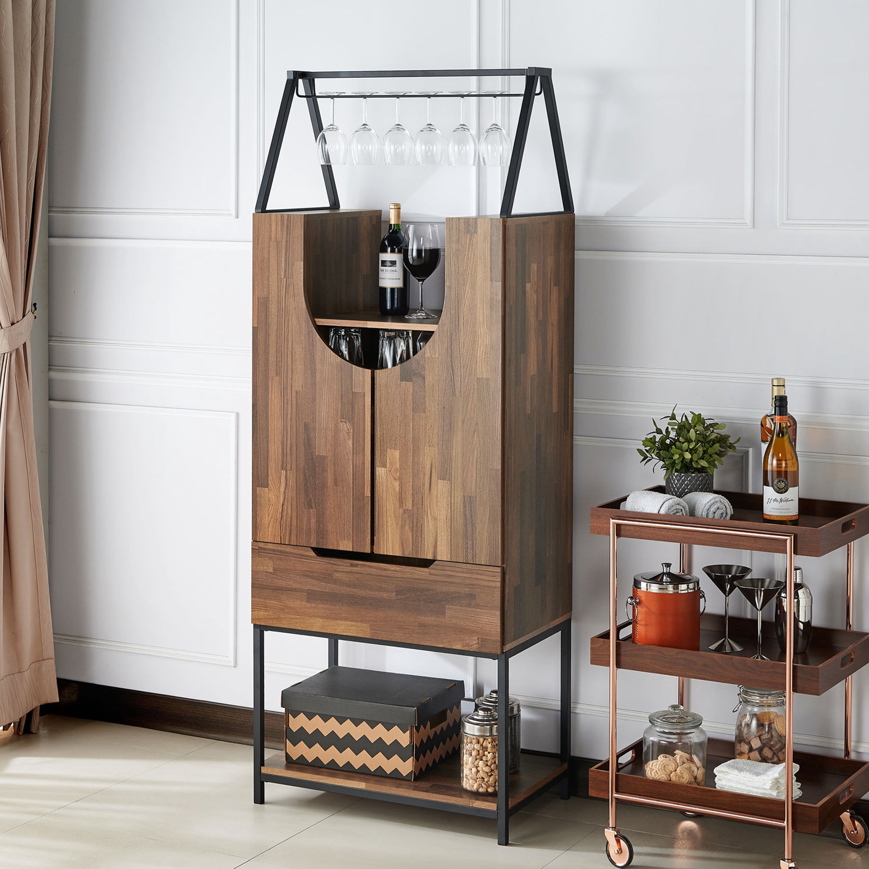 Furniture of America Reon Multi-Storage Wine Cabinet, Light Hickory