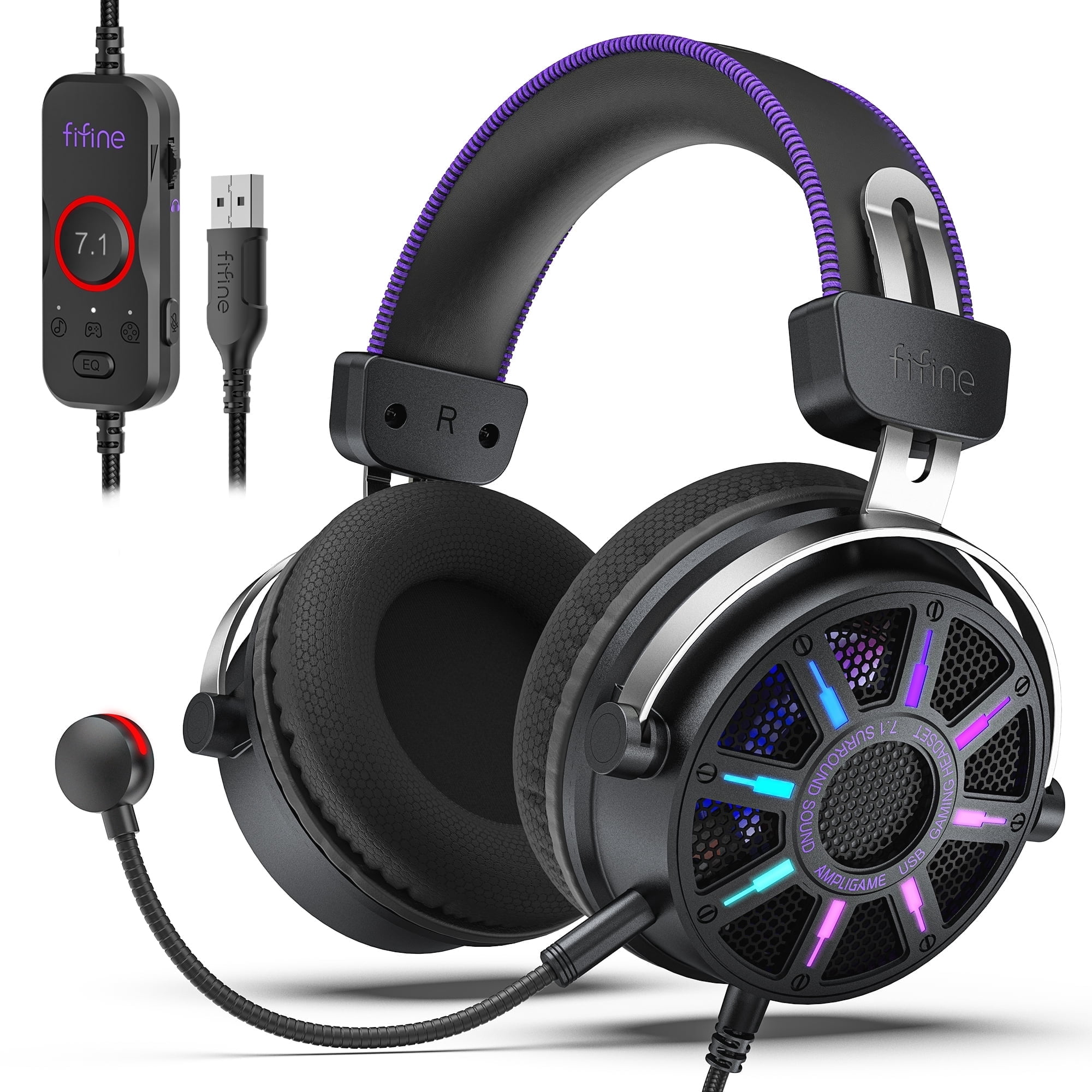 FIFINE Open-Back Gaming Headset for PC Computer, PS5/PS4, Wired Headphones with Noise-Cancelling Microphone, 7.1 Surround Sound, EQ Modes, RGB Lighting