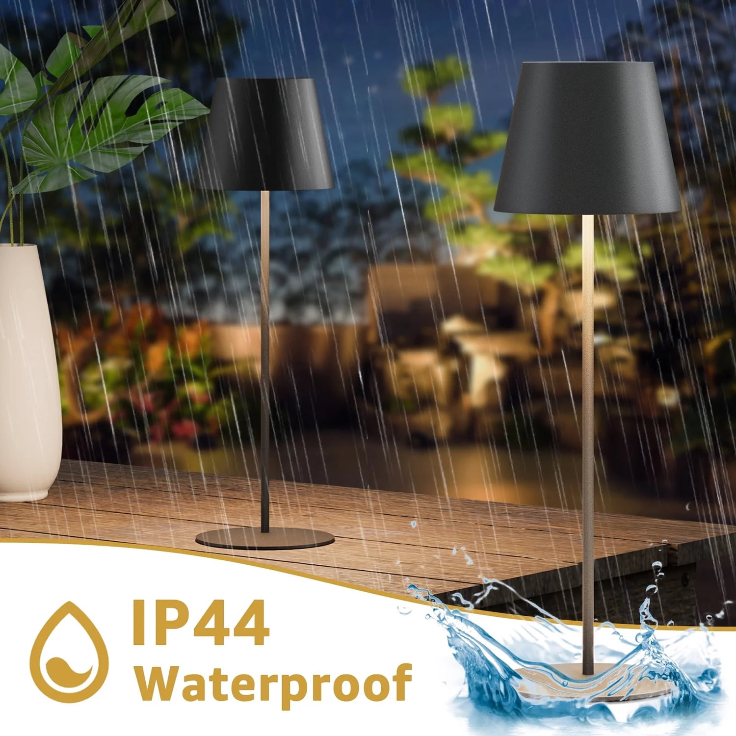 Postlucky 2 Pack 15" Cordless Table Lamp with LED, Touch Control, Dimmer, Plastic Shade, Metal Base, Matte Black